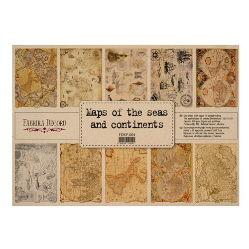 SET OF 10 SHEETS ONE-SIDED KRAFT PAPER FOR SCRAPBOOKING MAPS OF THE SEAS AND CONTINENTS